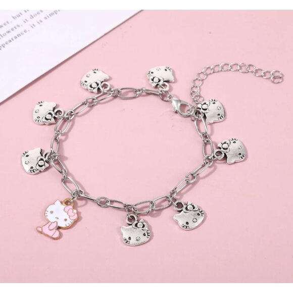 Hello Kitty Silver Charm Bracelet Adjustable Dangle Chain Jewelry Women & Girls - Picture 1 of 3